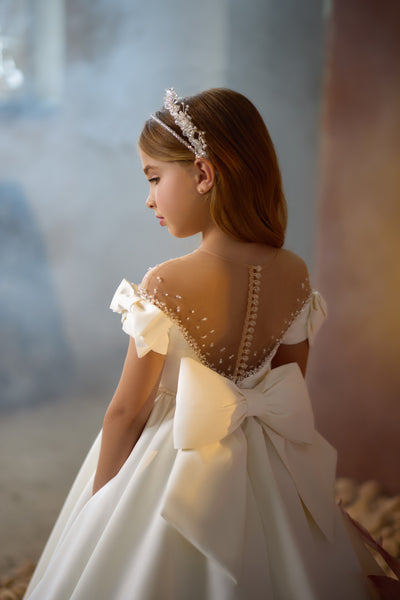 Pentelei Couture Luxe Satin Dress with Floral Accents