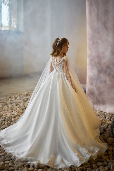 Ivory Floral Embellished Communion Gown with Cap Sleeves | Pentelei Couture