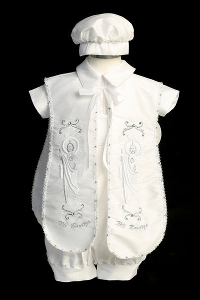 Boys’ Baptism Romper – Maria Embroidered Christening Outfit with Cap