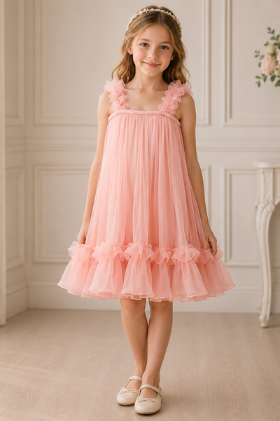 Girls Chiffon Party Dress Ruffle Strap Knee Length