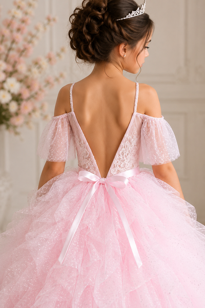 Pink Ruffle Tulle Girls Pageant Ball Gown Dress