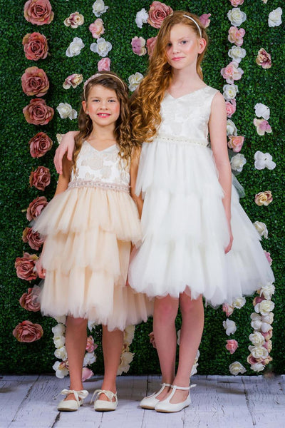 Girls Special Occasion Party Dress | Girls Ruffled Brocade Dress