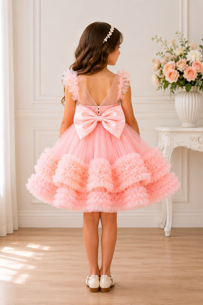 Girls Pearl Beaded Party Dress Tulle Ruffle Skirt