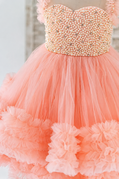 Girls Pearl Beaded Party Dress Tulle Ruffle Skirt