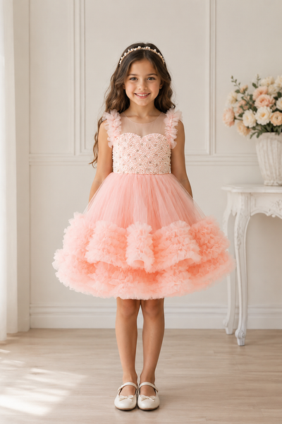 Girls Pearl Beaded Party Dress Tulle Ruffle Skirt