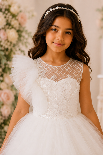 Ivory Ruffle Tulle Ball Gown Flower Girl Dress