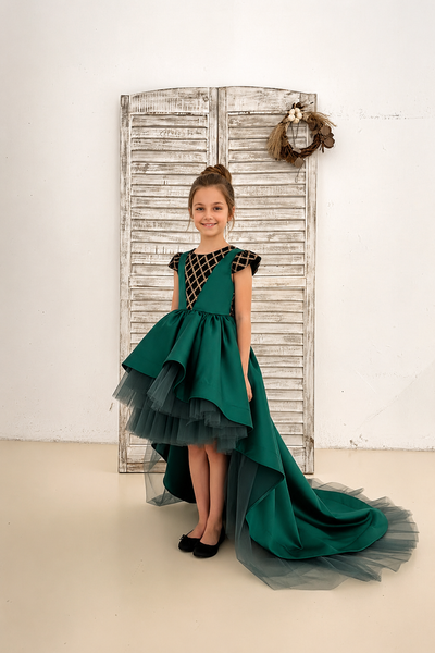 Emerald Couture High Low Pageant Gown with Train
