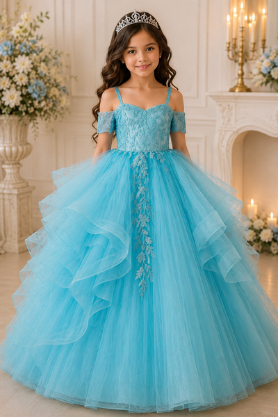Blue Lace Tulle Ball Gown Girls Pageant Dress