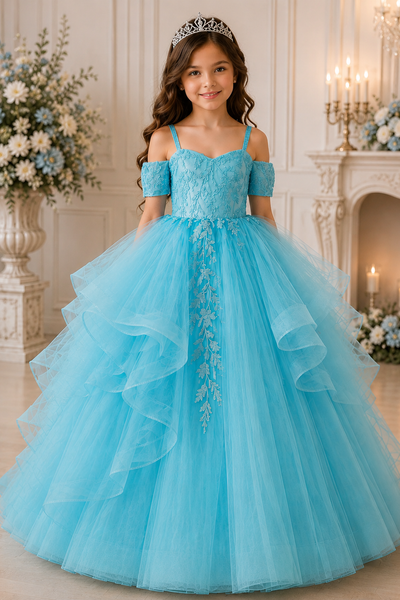 Blue Lace Tulle Ball Gown Girls Pageant Dress