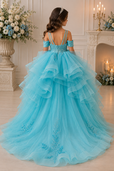 Blue Lace Tulle Ball Gown Girls Pageant Dress