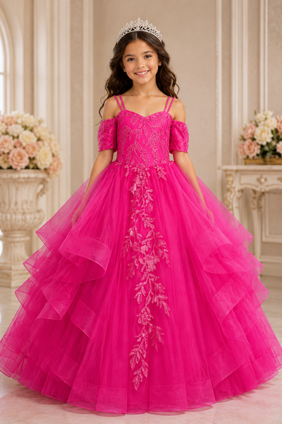 Blue Lace Tulle Ball Gown Girls Pageant Dress