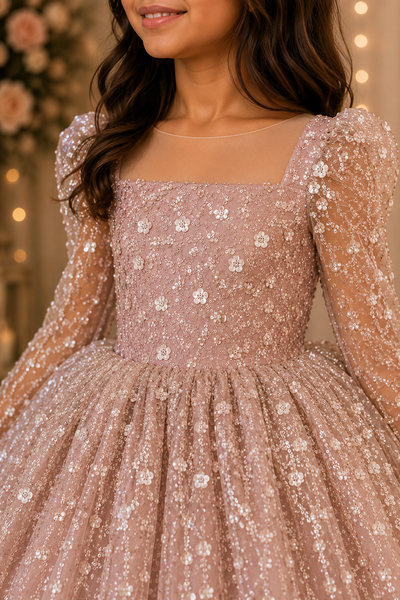 Girls Beaded Dress Long Sleeve Knee Length Party
