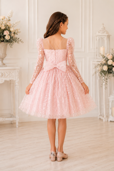 Pink Girls Party Dress Long Sleeve Sequin Tulle