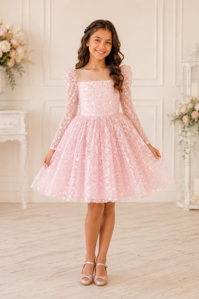 Pink Girls Party Dress Long Sleeve Sequin Tulle