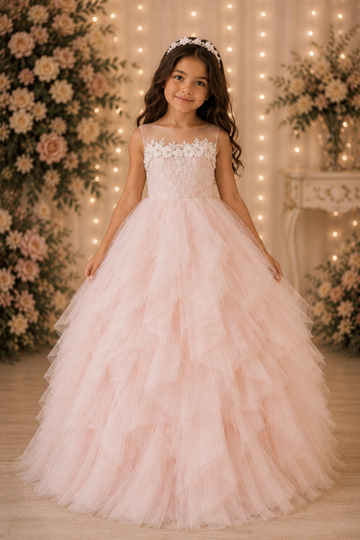 Blush Pink Ruffle Ball Gown Flower Girl Dress