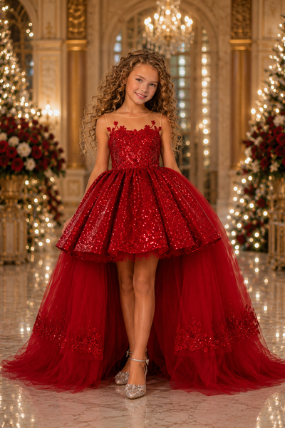 Girls Pageant Dress Sequin Hi Lo Ball Gown