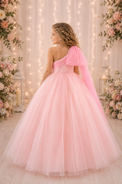 Girls Pageant Dress Tulle Ball Gown One Shoulder