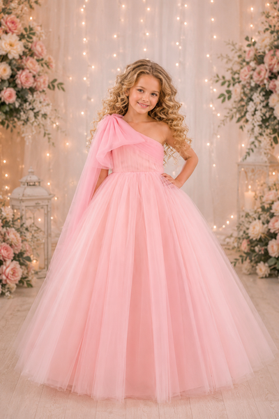 Girls Pageant Dress Tulle Ball Gown One Shoulder