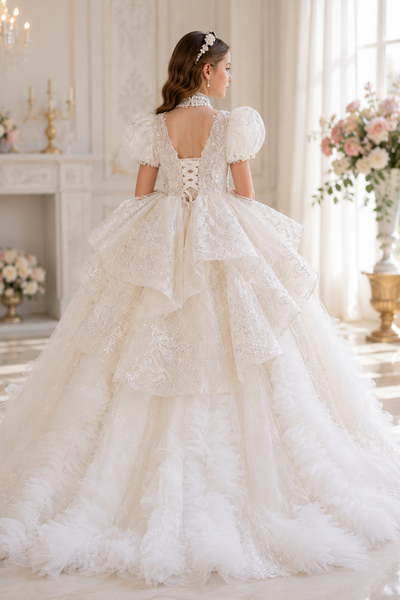 Luxury White Couture Ball Gown with Feather Train
