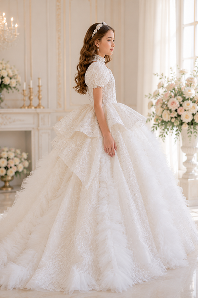 Luxury White Couture Ball Gown with Feather Train