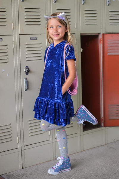 Kids Velvet Ruffled Party Dress With Hood - Royal Blue 