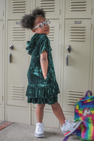 Kids Velvet Ruffled Party Dress With Hood - Hunter Green