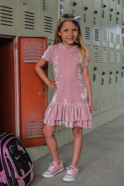 Kids Velvet Ruffled Party Dress With Hood  - Rose
