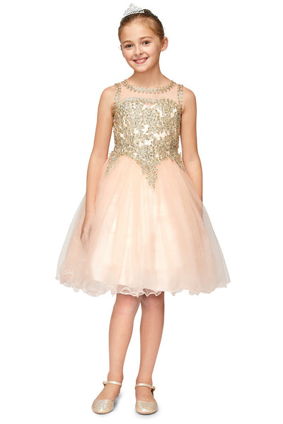Elegant Illusion Gold  Beaded Embroidered Girls Party Pageant Short Dress