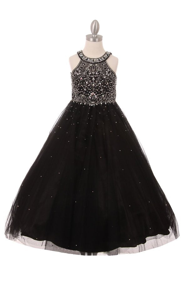 Floor Length Couture Girls Pageant Dress With Halter Neckline
