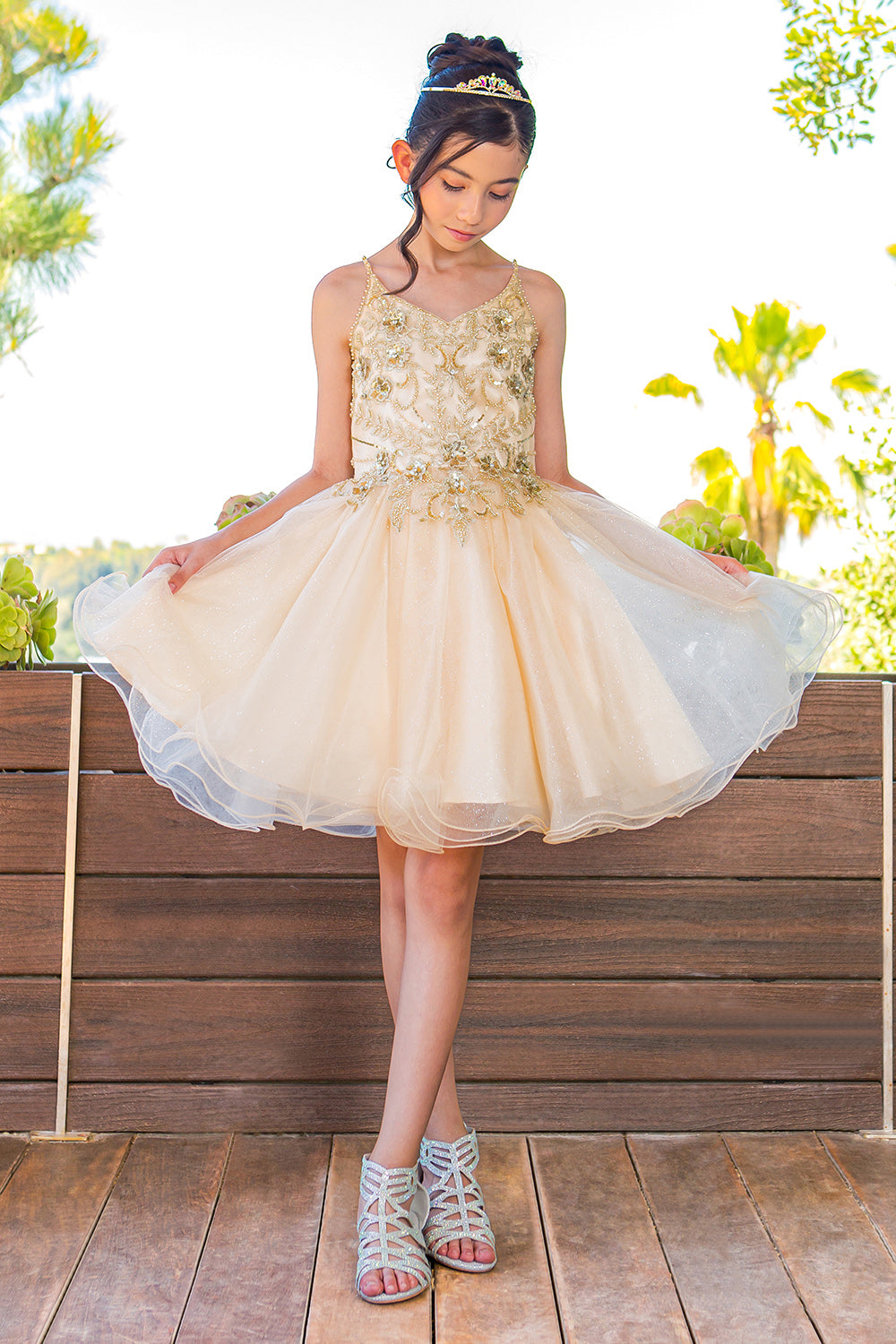 Girls Illusion Beauty Pageant Glitter Tulle Beaded Embroidered Short Dress