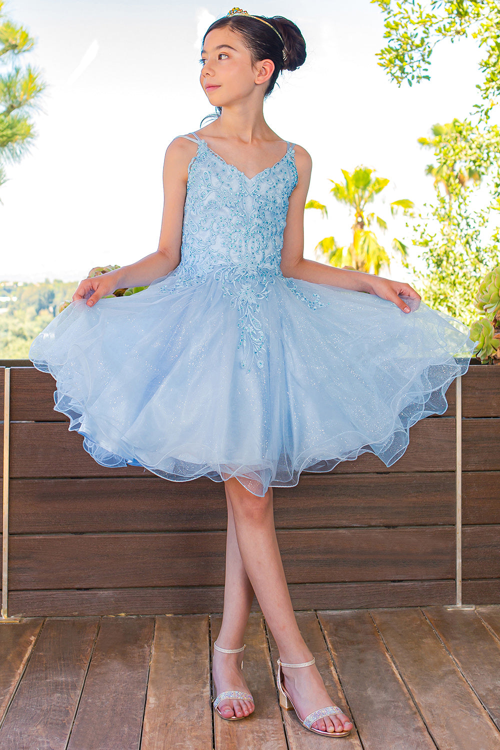 Girls Double Spaghetti Strapped Embroidered Tulle Pageant Short Dress