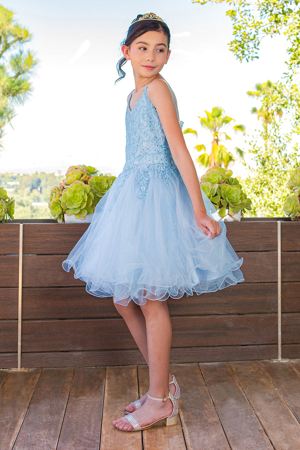 Girls Double Spaghetti Strapped Embroidered Tulle Pageant Short Dress