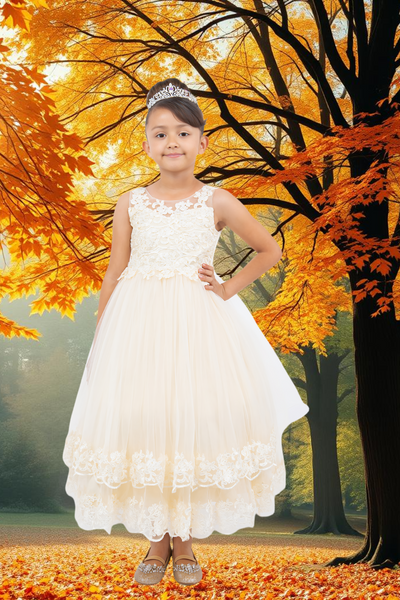 Girls Communion Dress with Bows | Off-White & Champagne Color
