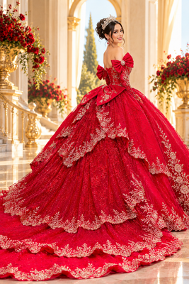 Luxury Red Quinceañera Ball Gown with Gold Embroidery