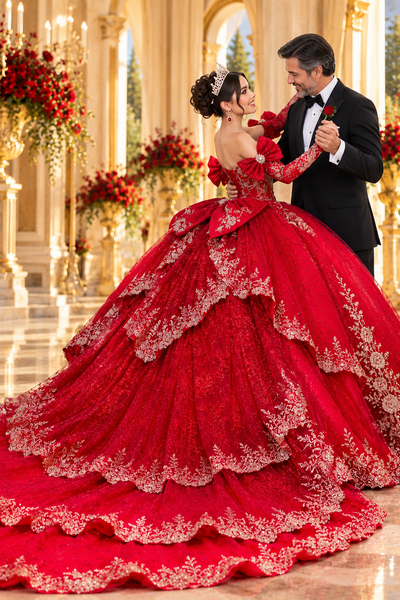 Luxury Red Quinceañera Ball Gown with Gold Embroidery