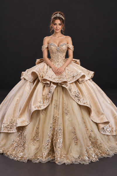 Gold Quinceañera Ball Gown with Train | Queen Collection