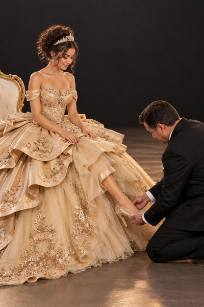 Gold Quinceañera Ball Gown with Train | Queen Collection
