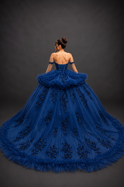 Navy Ruffle Couture Gown for Quinceañera & Formal Events