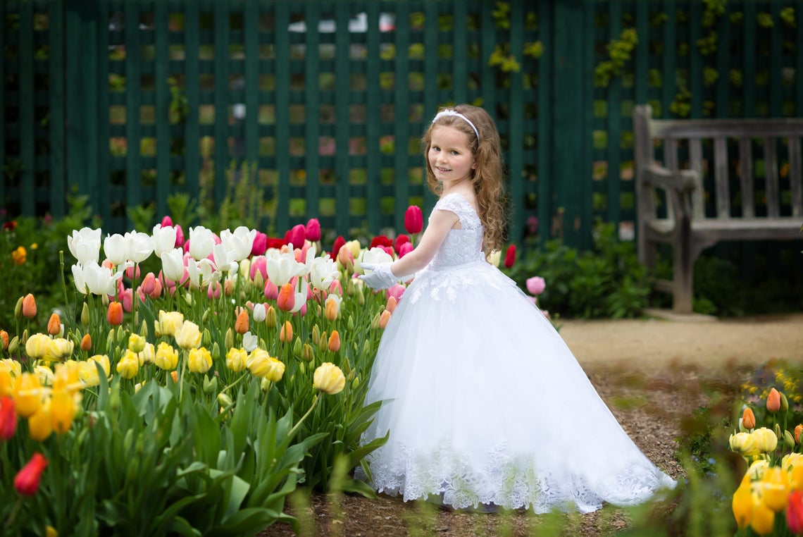 White Couture Flower Girl Communion Dress Toddler Dress Satin Dress