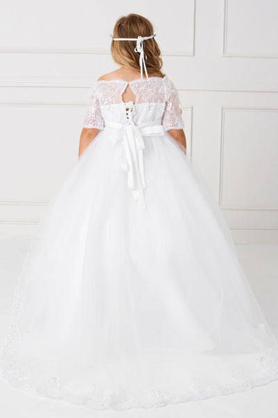 Off The Shoulder First Communion Dress With Lace Train
