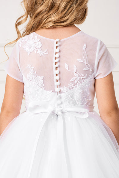 Tea Length First Communion Dress With Illusion Neckline