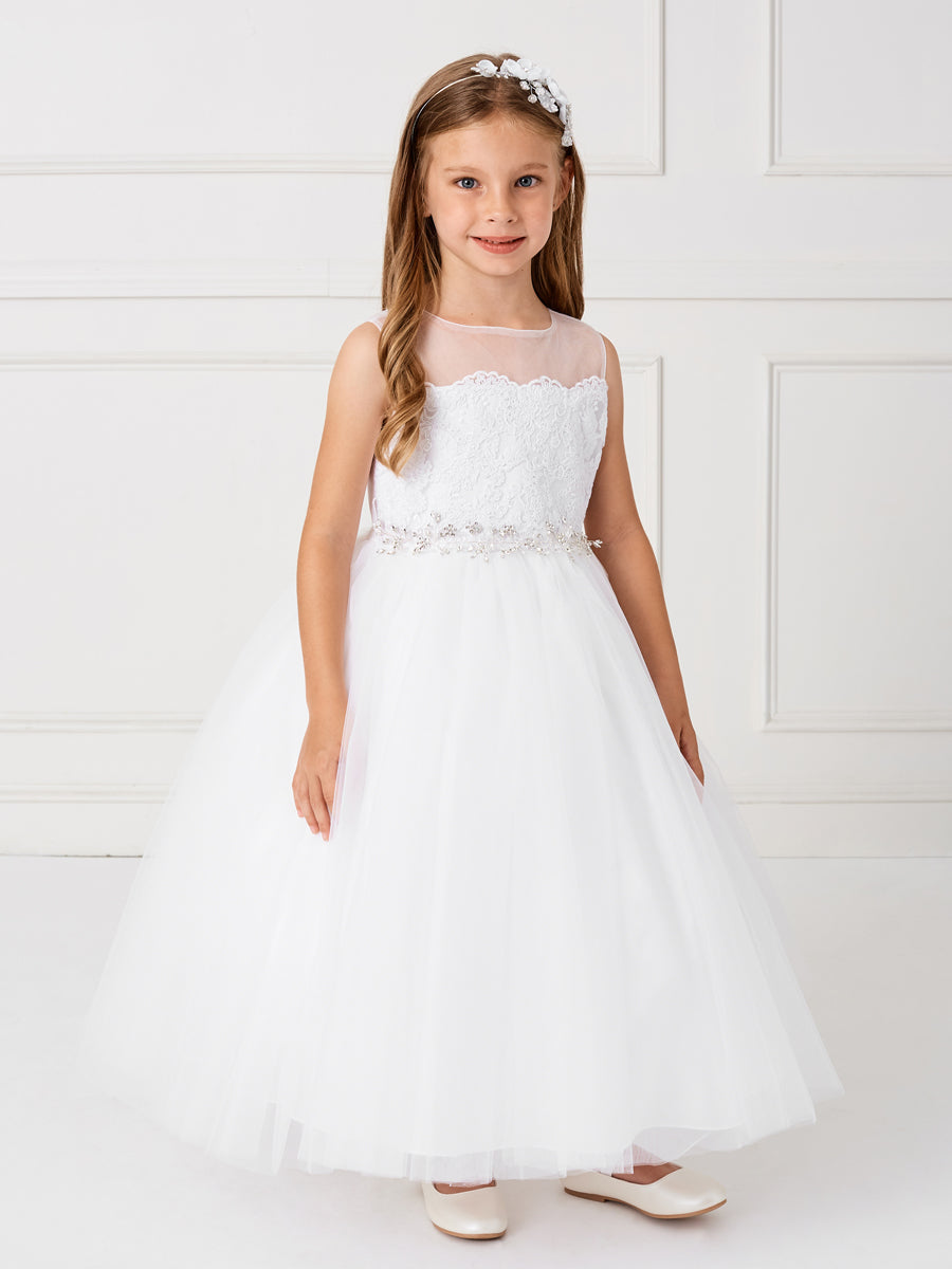 1st Communion Dress With Lace Overlay And Crystal Belt