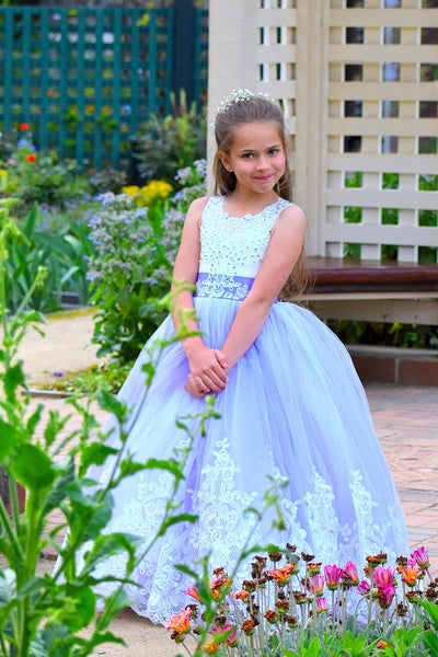 Wedding Party Flower Girl Purple Satin Tulle Communion Pageant Gown