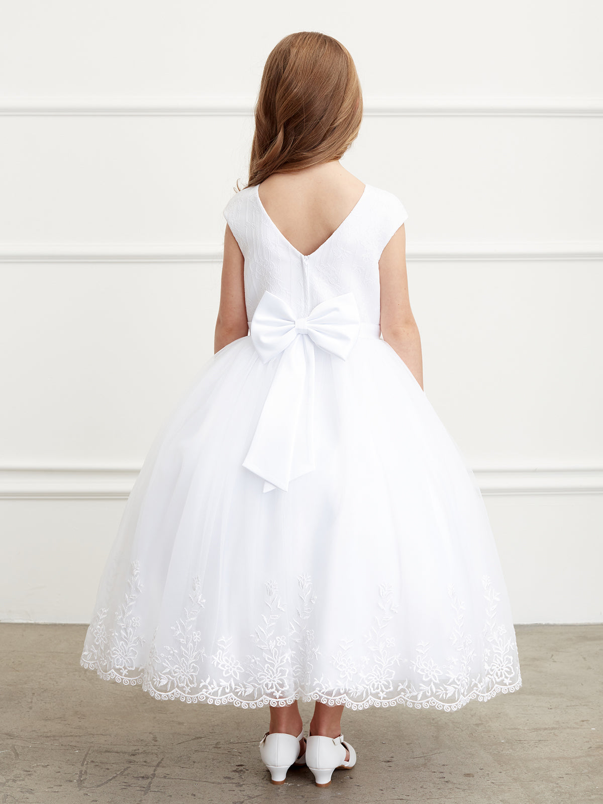 Communion Long Dress With Illusion Neckline Lace Bodice Tulle Skirt 