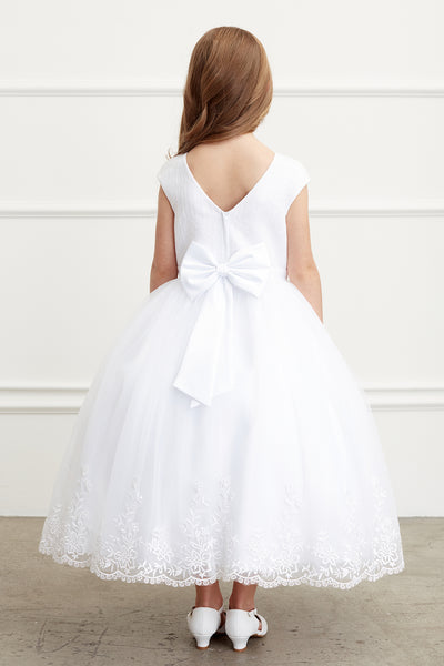 Communion Long Dress With Illusion Neckline Lace Bodice Tulle Skirt 