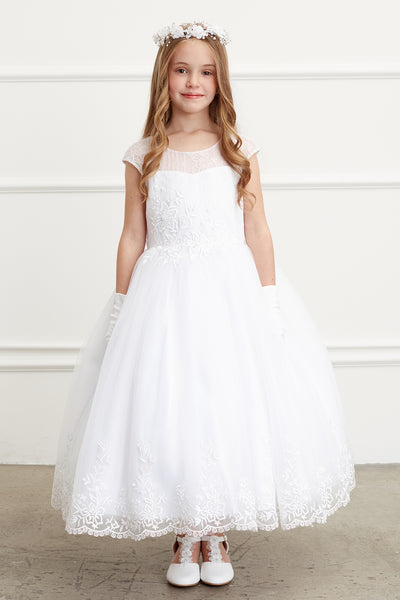 Communion Long Dress With Illusion Neckline Lace Bodice Tulle Skirt 