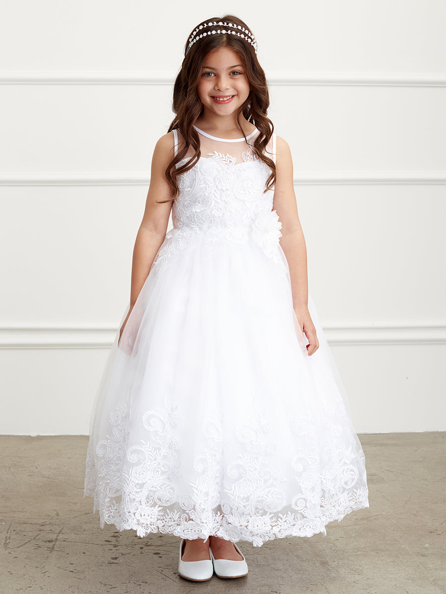 Girls Communion Flower Girl Tea Length Dress With Floral Lace Bodice
