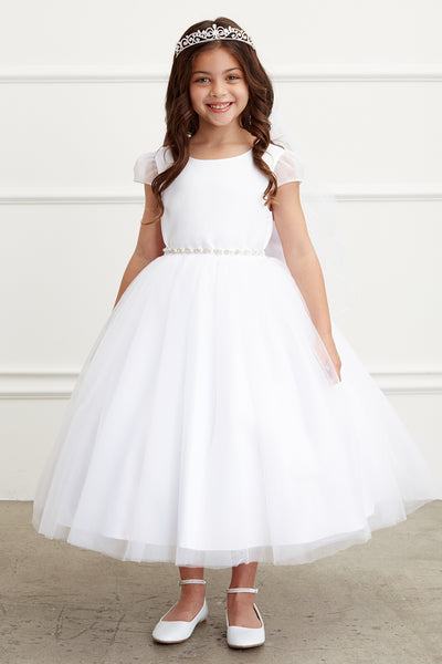 Girls Tea Length Communion Dress With Satin Bodice And Tulle Skirt