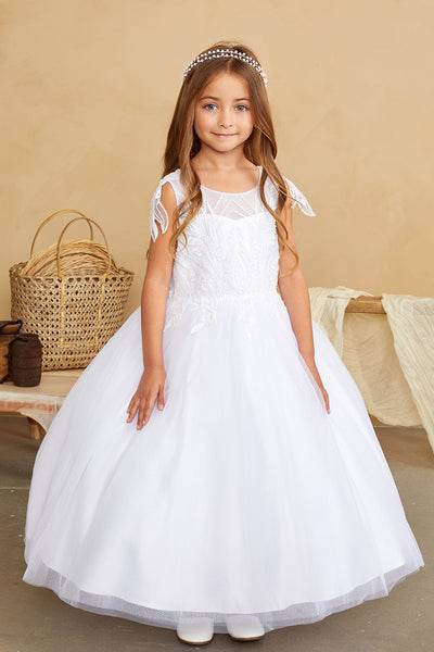 Girls Beautiful Beaded Lace Applique Tulle Communion Flower Girl Dress