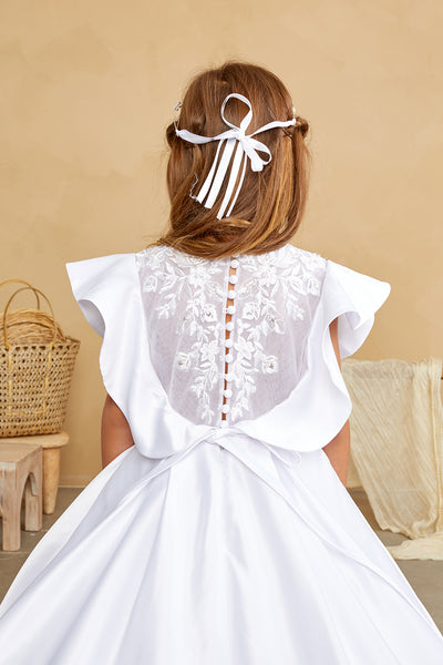 Girls Floor Length Satin Lace Communion Flower Girl Dress With Train
